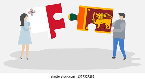 Couple holding two puzzles pieces with Maltese and Sri Lankan flags. Malta and Sri Lanka national symbols together.