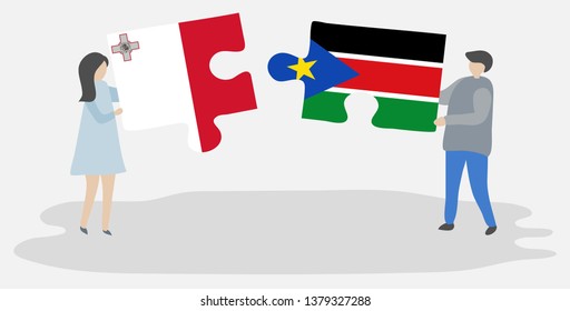 Couple holding two puzzles pieces with Maltese and South Sudanese flags. Malta and South Sudan national symbols together.