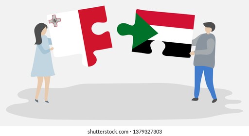 Couple holding two puzzles pieces with Maltese and Sudanese flags. Malta and Sudan national symbols together.