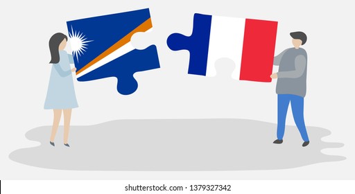 Couple holding two puzzles pieces with Marshallese and French flags. Marshall Islands and France national symbols together.