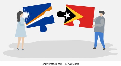 Couple holding two puzzles pieces with Marshallese and Timorese flags. Marshall Islands and East Timor national symbols together.