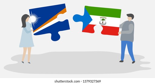 Couple holding two puzzles pieces with Marshallese and Equatorial Guinean flags. Marshall Islands and Equatorial Guinea national symbols together.