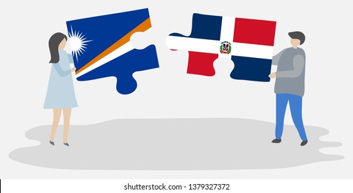 Couple holding two puzzles pieces with Marshallese and Dominican flags. Marshall Islands and Dominican Republic national symbols together.