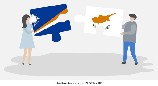 Couple holding two puzzles pieces with Marshallese and Cypriot flags. Marshall Islands and Cyprus national symbols together.