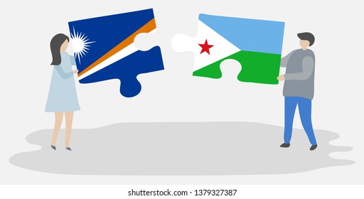 Couple holding two puzzles pieces with Marshallese and Djiboutian flags. Marshall Islands and Djibouti national symbols together.