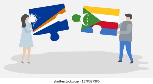 Couple holding two puzzles pieces with Marshallese and Comoran flags. Marshall Islands and Comoros national symbols together.