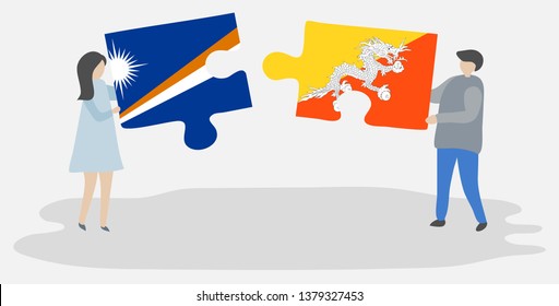 Couple holding two puzzles pieces with Marshallese and Bhutanese flags. Marshall Islands and Bhutan national symbols together.
