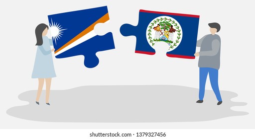 Couple holding two puzzles pieces with Marshallese and Belizean flags. Marshall Islands and Belize national symbols together.