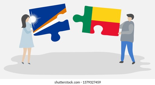 Couple holding two puzzles pieces with Marshallese and Beninese flags. Marshall Islands and Benin national symbols together.