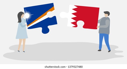 Couple holding two puzzles pieces with Marshallese and Bahraini flags. Marshall Islands and Bahrain national symbols together.
