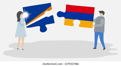 Couple holding two puzzles pieces with Marshallese and Armenian flags. Marshall Islands and Armenia national symbols together.