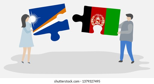 Couple holding two puzzles pieces with Marshallese and Afghan flags. Marshall Islands and Afghanistan national symbols together.