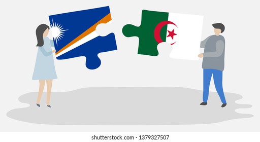 Couple holding two puzzles pieces with Marshallese and Algerian flags. Marshall Islands and Algeria national symbols together.
