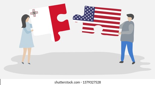 Couple holding two puzzles pieces with Maltese and American flags. Malta and United States of America national symbols together.