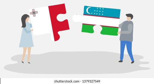Couple holding two puzzles pieces with Maltese and Uzbek flags. Malta and Uzbekistan national symbols together.