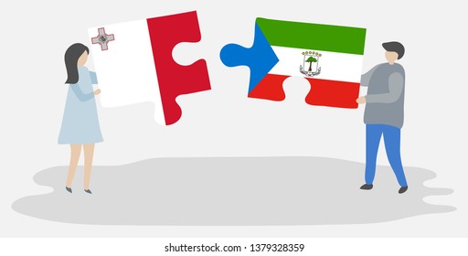 Couple holding two puzzles pieces with Maltese and Equatorial Guinean flags. Malta and Equatorial Guinea national symbols together.
