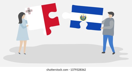 Couple holding two puzzles pieces with Maltese and Salvadoran flags. Malta and El Salvador national symbols together.