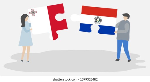 Couple holding two puzzles pieces with Maltese and Paraguayan flags. Malta and Paraguay national symbols together.