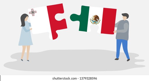 Couple holding two puzzles pieces with Maltese and Mexican flags. Malta and Mexico national symbols together.