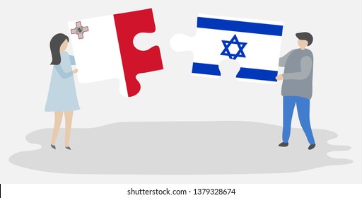 Couple holding two puzzles pieces with Maltese and Israeli flags. Malta and Israel national symbols together.