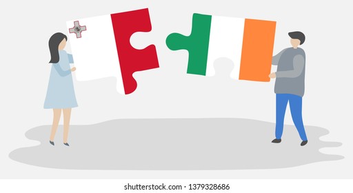 Couple holding two puzzles pieces with Maltese and Irish flags. Malta and Ireland national symbols together.