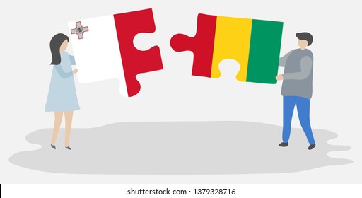 Couple holding two puzzles pieces with Maltese and Guinean flags. Malta and Guinea national symbols together.