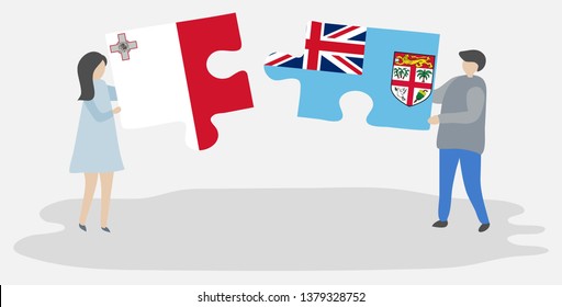 Couple holding two puzzles pieces with Maltese and Fijian flags. Malta and Fiji national symbols together.