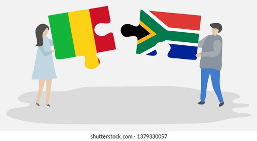 Couple holding two puzzles pieces with Malian and South African flags. Mali and South Africa national symbols together.