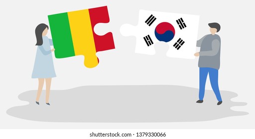 Couple holding two puzzles pieces with Malian and South Korean flags. Mali and South Korea national symbols together.