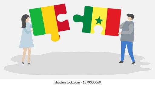 Couple holding two puzzles pieces with Malian and Senegalese flags. Mali and Senegal national symbols together.