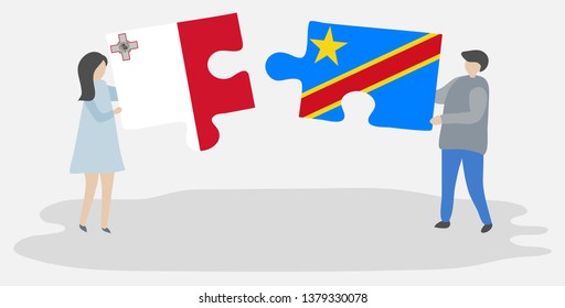 Couple holding two puzzles pieces with Maltese and Congolese flags. Malta and Democratic Republic of the Congo national symbols together.