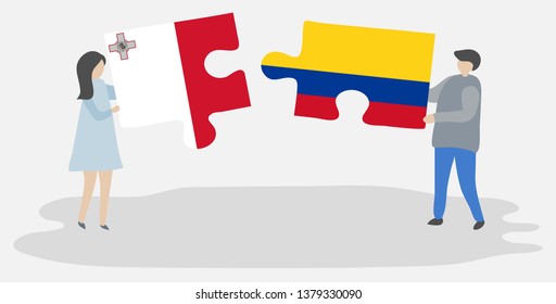 Couple holding two puzzles pieces with Maltese and Colombian flags. Malta and Colombia national symbols together.