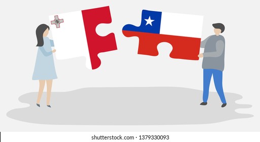 Couple holding two puzzles pieces with Maltese and Chilean flags. Malta and Chile national symbols together.