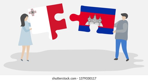 Couple holding two puzzles pieces with Maltese and Cambodian flags. Malta and Cambodia national symbols together.