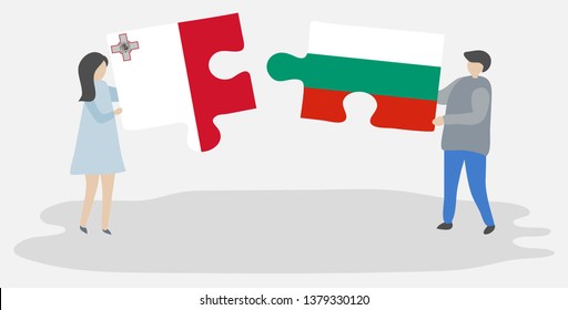Couple holding two puzzles pieces with Maltese and Bulgarian flags. Malta and Bulgaria national symbols together.