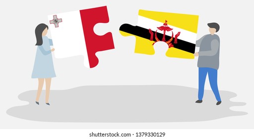 Couple holding two puzzles pieces with Maltese and Bruneian flags. Malta and Brunei national symbols together.
