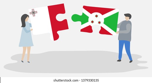 Couple holding two puzzles pieces with Maltese and Burundian flags. Malta and Burundi national symbols together.
