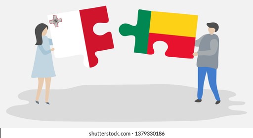 Couple holding two puzzles pieces with Maltese and Beninese flags. Malta and Benin national symbols together.