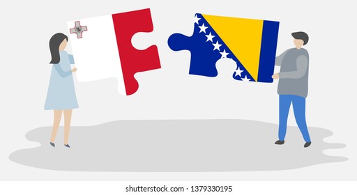 Couple holding two puzzles pieces with Maltese and Bosnian flags. Malta and Bosnia and Herzegovina national symbols together.