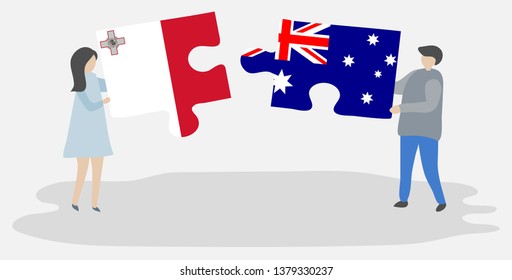 Couple holding two puzzles pieces with Maltese and Australian flags. Malta and Australia national symbols together.