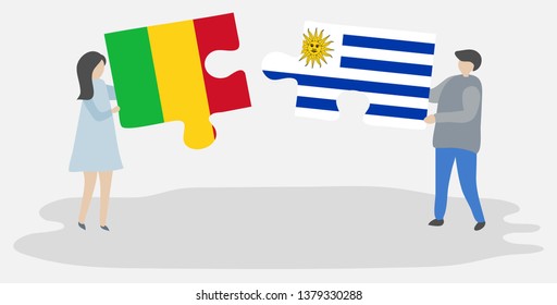 Couple holding two puzzles pieces with Malian and Uruguayan flags. Mali and Uruguay national symbols together.