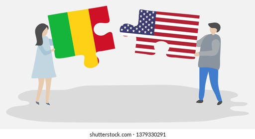 Couple holding two puzzles pieces with Malian and American flags. Mali and United States of America national symbols together.