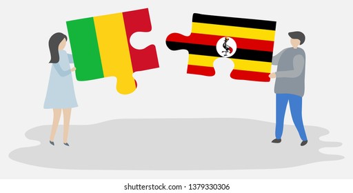 Couple holding two puzzles pieces with Malian and Ugandan flags. Mali and Uganda national symbols together.