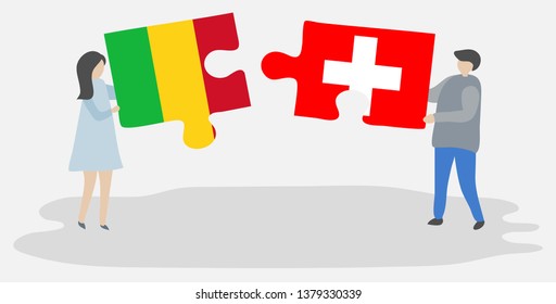 Couple holding two puzzles pieces with Malian and Swiss flags. Mali and Switzerland national symbols together.