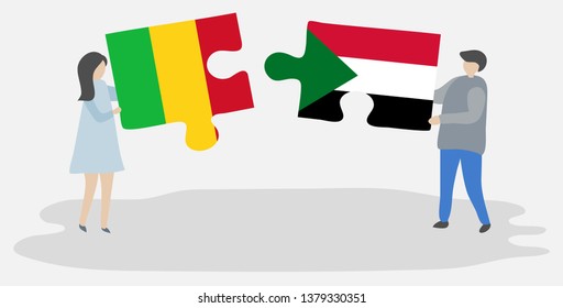 Couple holding two puzzles pieces with Malian and Sudanese flags. Mali and Sudan national symbols together.