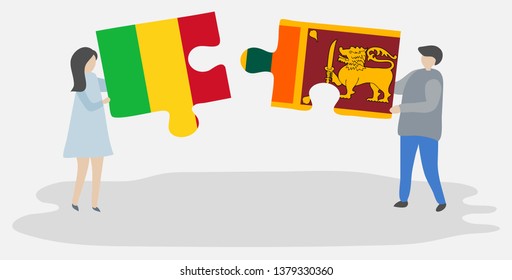 Couple holding two puzzles pieces with Malian and Sri Lankan flags. Mali and Sri Lanka national symbols together.
