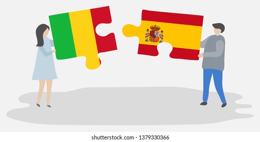 Couple holding two puzzles pieces with Malian and Spanish flags. Mali and Spain national symbols together.