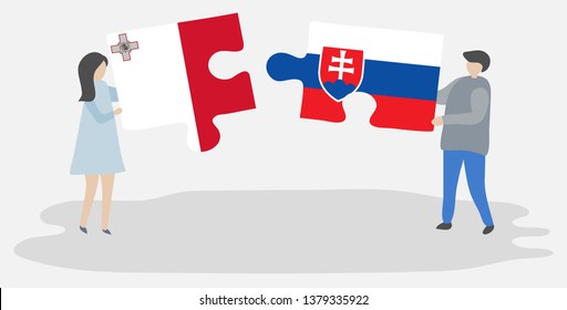 Couple holding two puzzles pieces with Maltese and Slovak flags. Malta and Slovakia national symbols together.