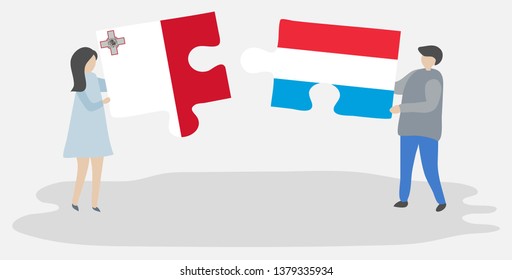 Couple holding two puzzles pieces with Maltese and Luxembourgish flags. Malta and Luxembourg national symbols together.