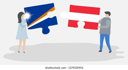 Couple holding two puzzles pieces with Marshallese and Austrian flags. Marshall Islands and Austria national symbols together.